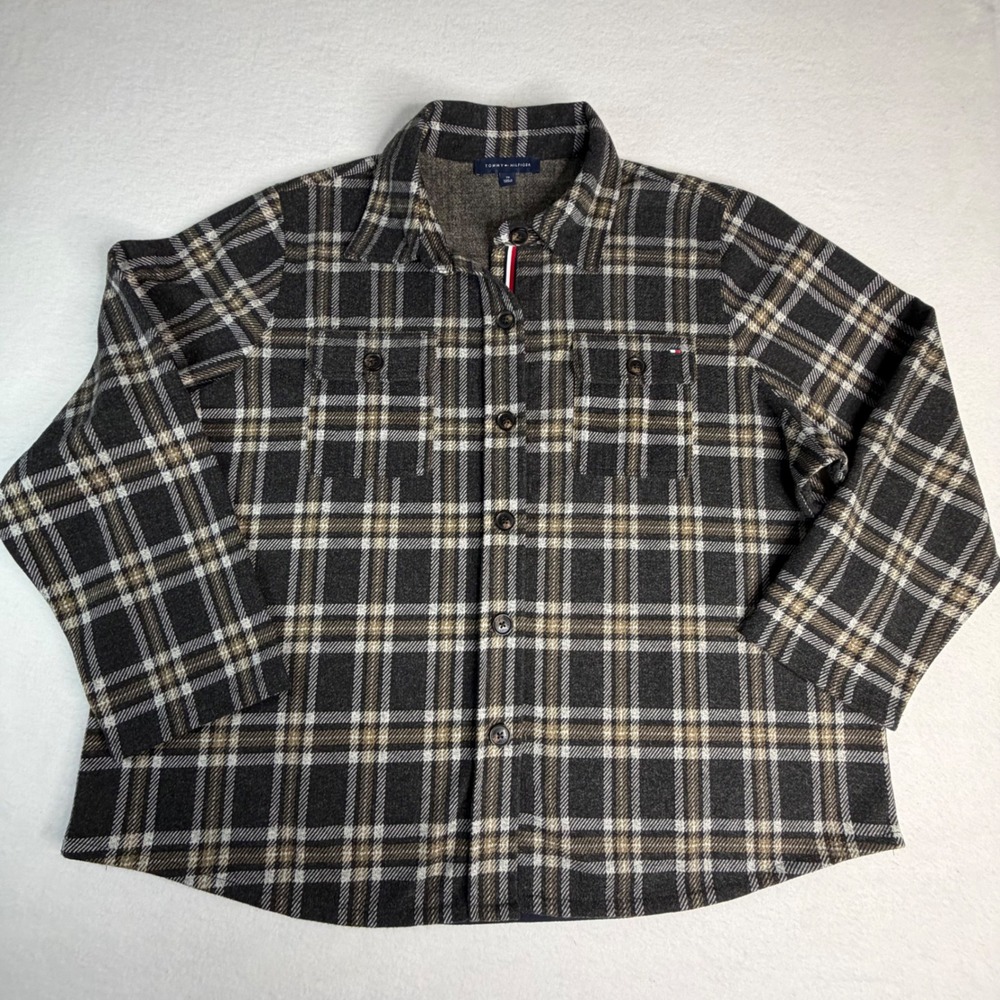 Tommy Hilfiger Mens 2X Plaid Shirt Jacket Charcoal Grey Tan Stretch‎ Shacket